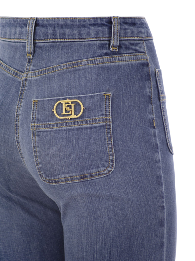Shop Elisabetta Franchi Paw Jeans With Logo Plates In Medium Denim