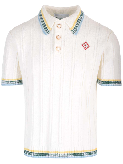Shop Casablanca Ribbed Knit Polo Shirt In White