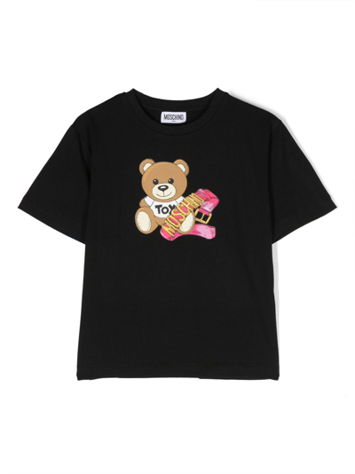 Shop Moschino T-shirt Teddy Bear Nera In Jersey Di Cotone Bambino In Nero