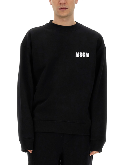 Shop Msgm Rib Trim Crewneck Logo Sweatshirt In Black