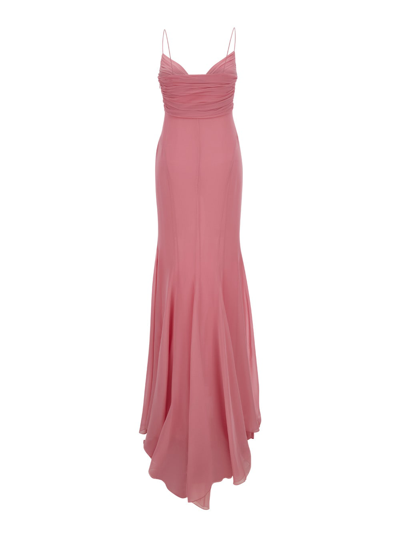 Shop Blumarine Pink Draped Maxi Dress With Rose Applique In Silk Woman
