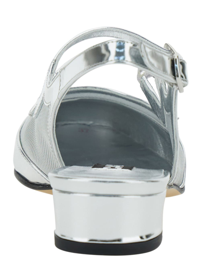 Carel Block Heel Pointed Toe Metallic Sling Back In Silver