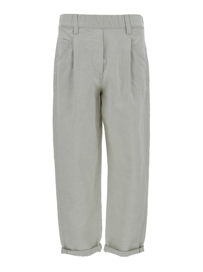 Shop Brunello Cucinelli Grey Pleated Trousers In Linen Blend Woman In White