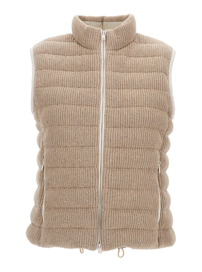 Shop Brunello Cucinelli Beige Sequined Padded Gilet In Cotton Blend Woman In White