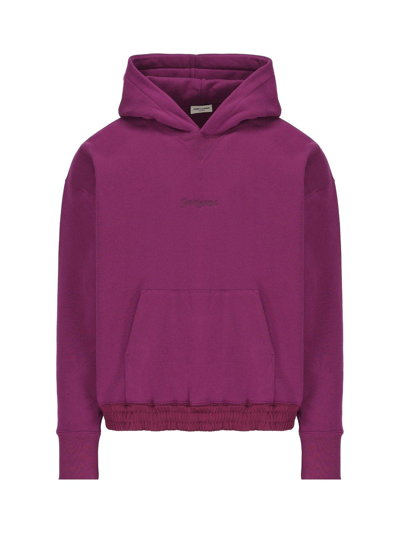 Shop Saint Laurent Logo Embroidered Long-sleeved Hoodie In Fuchsia