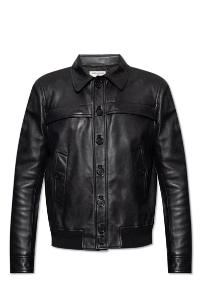 Shop Saint Laurent Button Up Leather Jacket In Black
