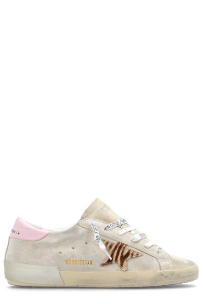 Shop Golden Goose Super-star Distressed Lace-up Sneakers In Beige