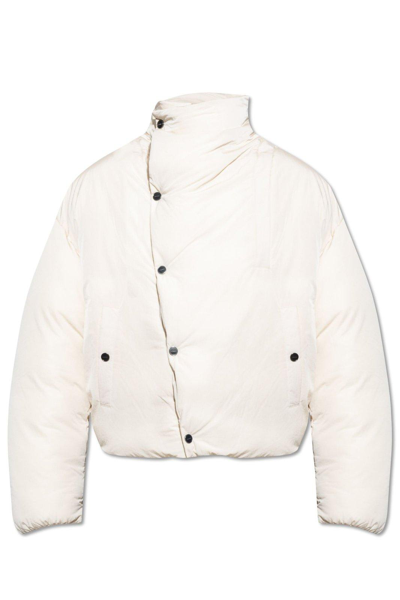 Shop Jacquemus Asymmetric Buttoned Highneck Puffer Jacket In Neutrals