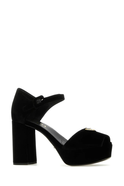 Prada Suede Block Heel Sandals With Open Toe In Black
