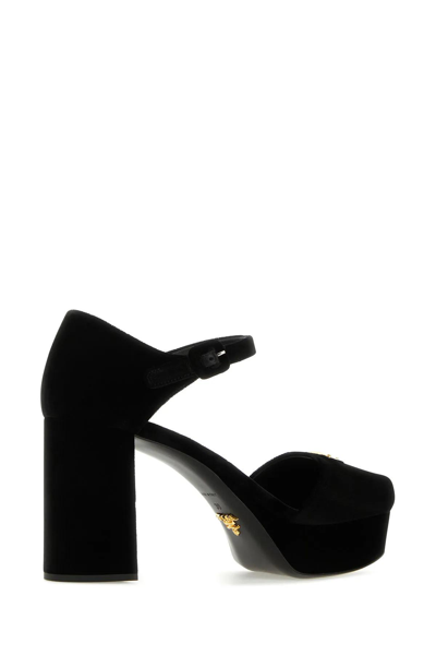 Prada Suede Block Heel Sandals With Open Toe In Black
