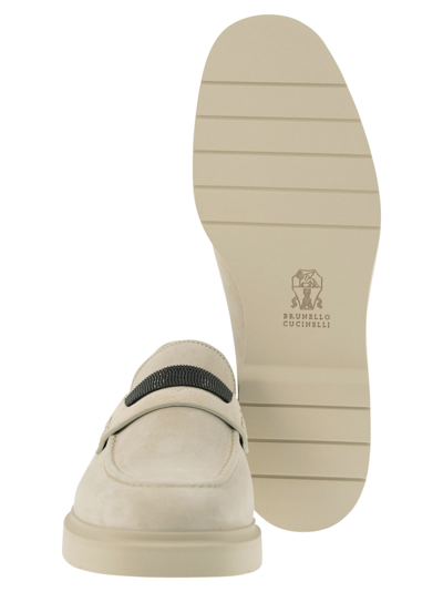 Shop Brunello Cucinelli Suede Penny Loafer With Jewellery In Ivory