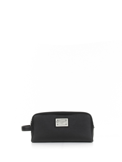Shop Dolce & Gabbana Nylon Cosmetic Bag With Logo Plate In Nero Nero