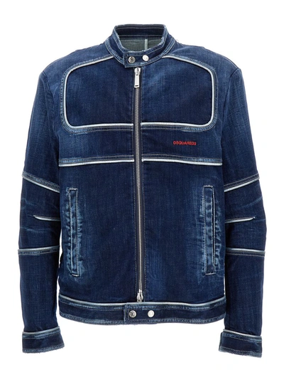 Shop Dsquared2 Blue Denim Effect Biker Jacket In Cotton Blend Man