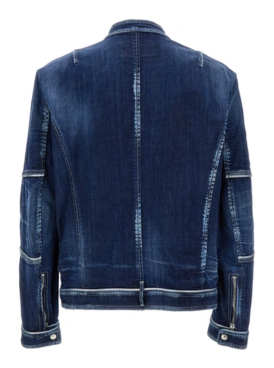Shop Dsquared2 Blue Denim Effect Biker Jacket In Cotton Blend Man