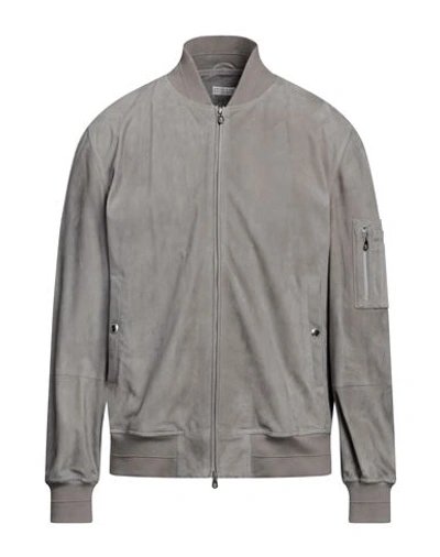Shop Brunello Cucinelli Man Jacket Grey Size L Leather, Cotton