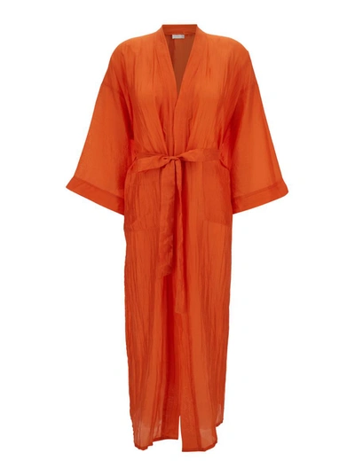 Shop The Rose Ibiza 'bata' Orange Kimono With Matching Belt In Silk Woman
