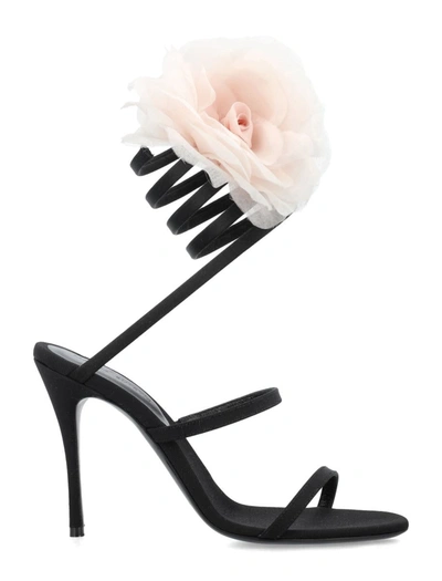 Shop Magda Butrym Silk-organza Pink Flower Heel Sandals In Black