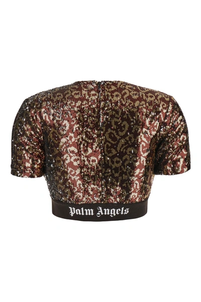 Shop Palm Angels "sequins Logo Tape" T-shirt In Brown