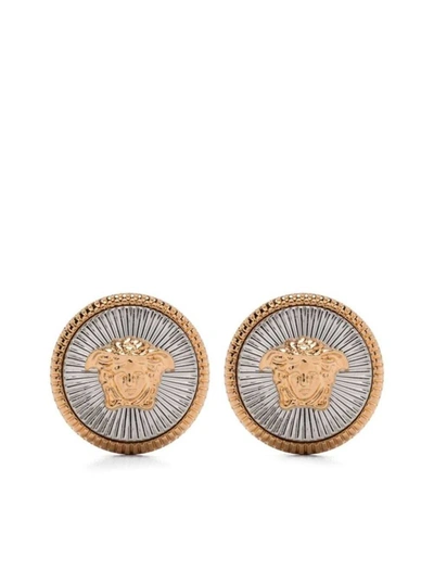 Shop Versace Silver And Gold Earrings With Medusa Detail In Metal Woman In Grey