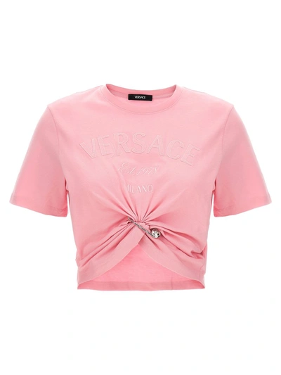 Shop Versace Bropped T-shirt With Embroidered Logo Pin In Pale Pink
