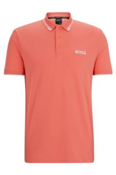 Shop Hugo Boss Polo Shirt With Contrast Logos In Light Red