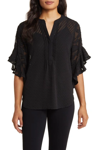 Vince Camuto Plus Size Ruffle Sleeve Henley Blouse In Rich Black