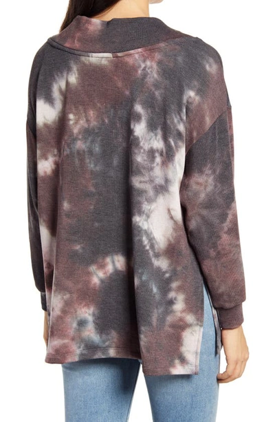 Loveappella Wide Neck Tie Dye Tunic Pullover In Charcoal/ Mauve