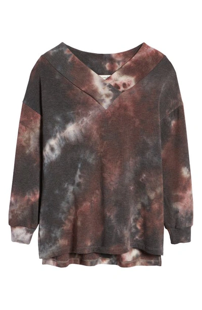 Loveappella Wide Neck Tie Dye Tunic Pullover In Charcoal/ Mauve