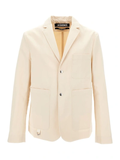 Shop Jacquemus 'la Veste Jean' Beige Single-breasted Jacket With D Ring Detail In Cotton And Linen Man