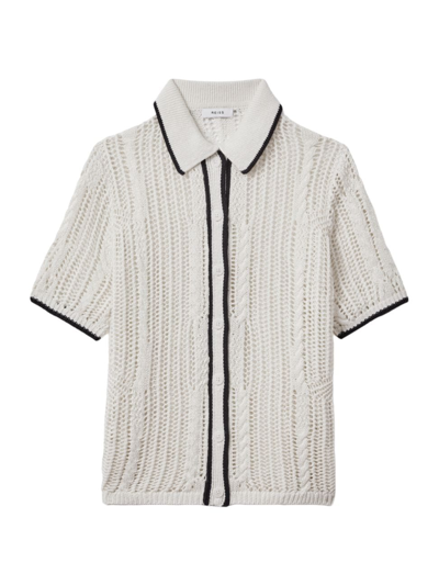 Shop Reiss Women's Erica Linen Crochet Short-sleeve Shirt In Ivory Navy