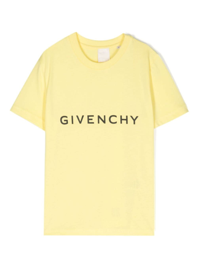 Shop Givenchy Yellow U Neckline T-shirt With Logo Print In Cotton Boy