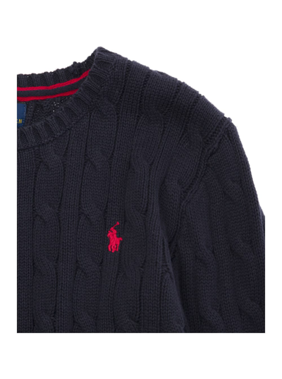 Shop Polo Ralph Lauren Blue Cable-knit Sweater With Pony Embroidery Boy