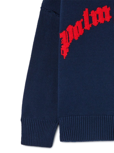 Shop Palm Angels Curved Logo Knit Crew Navy Blue Red