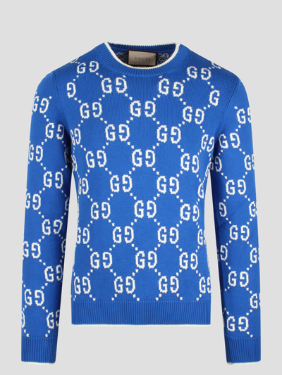 Shop Gucci Gg Cotton Intarsia Jumper In Blue