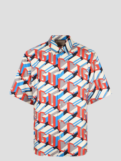 Shop Gucci Pixel Print Silk Shirt In Multicolour