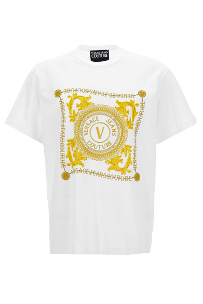 Shop Versace Jeans Couture Logo-print Organic Cotton T-shirt In White/gold