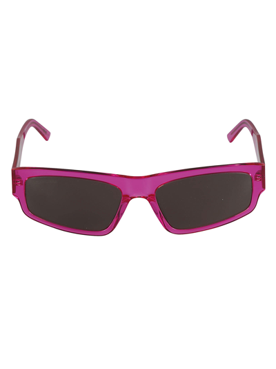 Shop Balenciaga Logo Sided Rectangular Lens Sunglasses In Fuchsia/grey