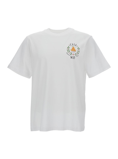 Shop Casablanca White Casa Way Crew Neck T-shirt With Logo Print In Cotton Man