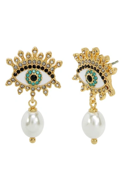 Shop Kurt Geiger Evil Eye Imitation Pearl Drop Earrings In Pearl/ Yellow Gold