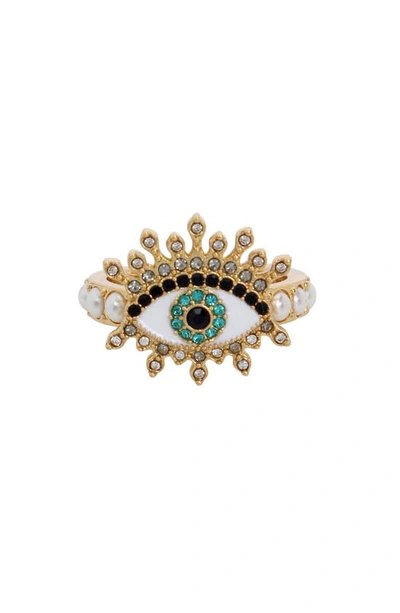 Shop Kurt Geiger Crystal Evil Eye Cocktail Ring In Pearl/ Yellow Gold