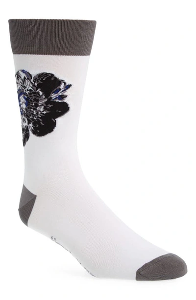 Shop Alexander Mcqueen Chiaroscuro Floral Cotton Crew Socks In White/ Light Grey