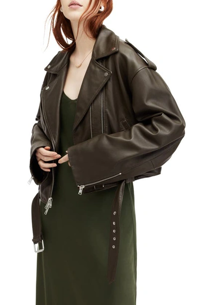 Shop Allsaints Dayle Leather Biker Jacket In Army Green