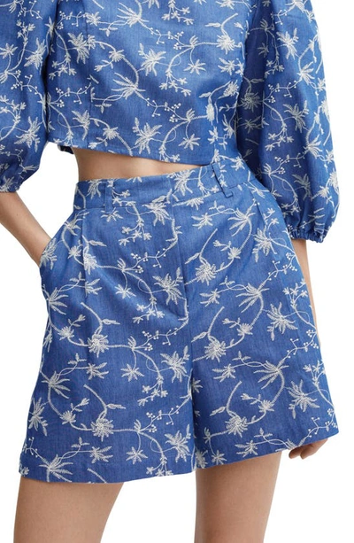 Mango Embroidred High Waist Cotton Blend Shorts In Blue