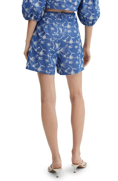 Mango Embroidred High Waist Cotton Blend Shorts In Blue