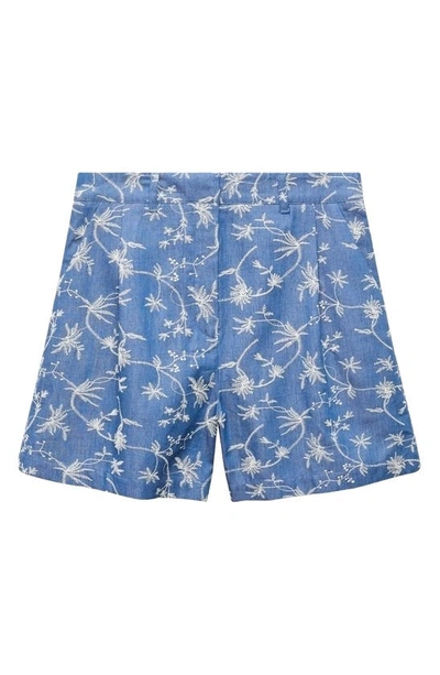 Mango Embroidred High Waist Cotton Blend Shorts In Blue