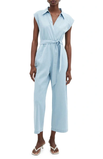 Shop Mango Belted Chambray Jumpsuit In Light Blue