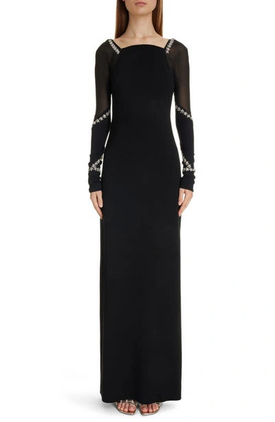 Shop Givenchy Crystal Embellished Long Sleeve Crepe Gown In Black