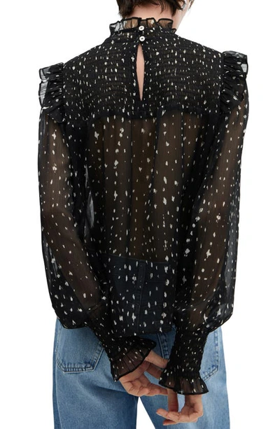 Mango Dot Print Ruffle Long Sleeve Top In Black