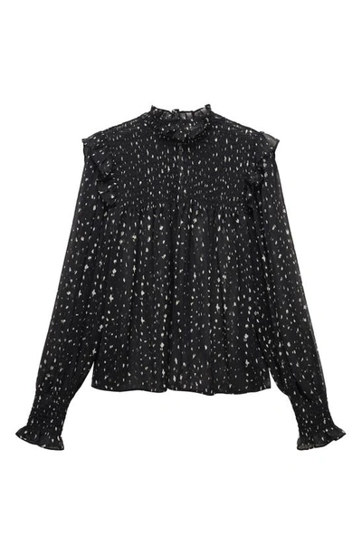 Mango Dot Print Ruffle Long Sleeve Top In Black