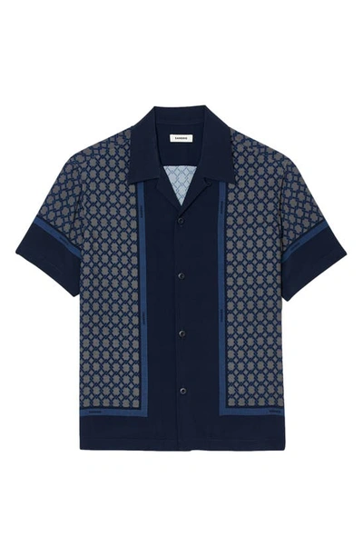 Shop Sandro Fence Print Short Sleeve Button-up Shirt In Marine